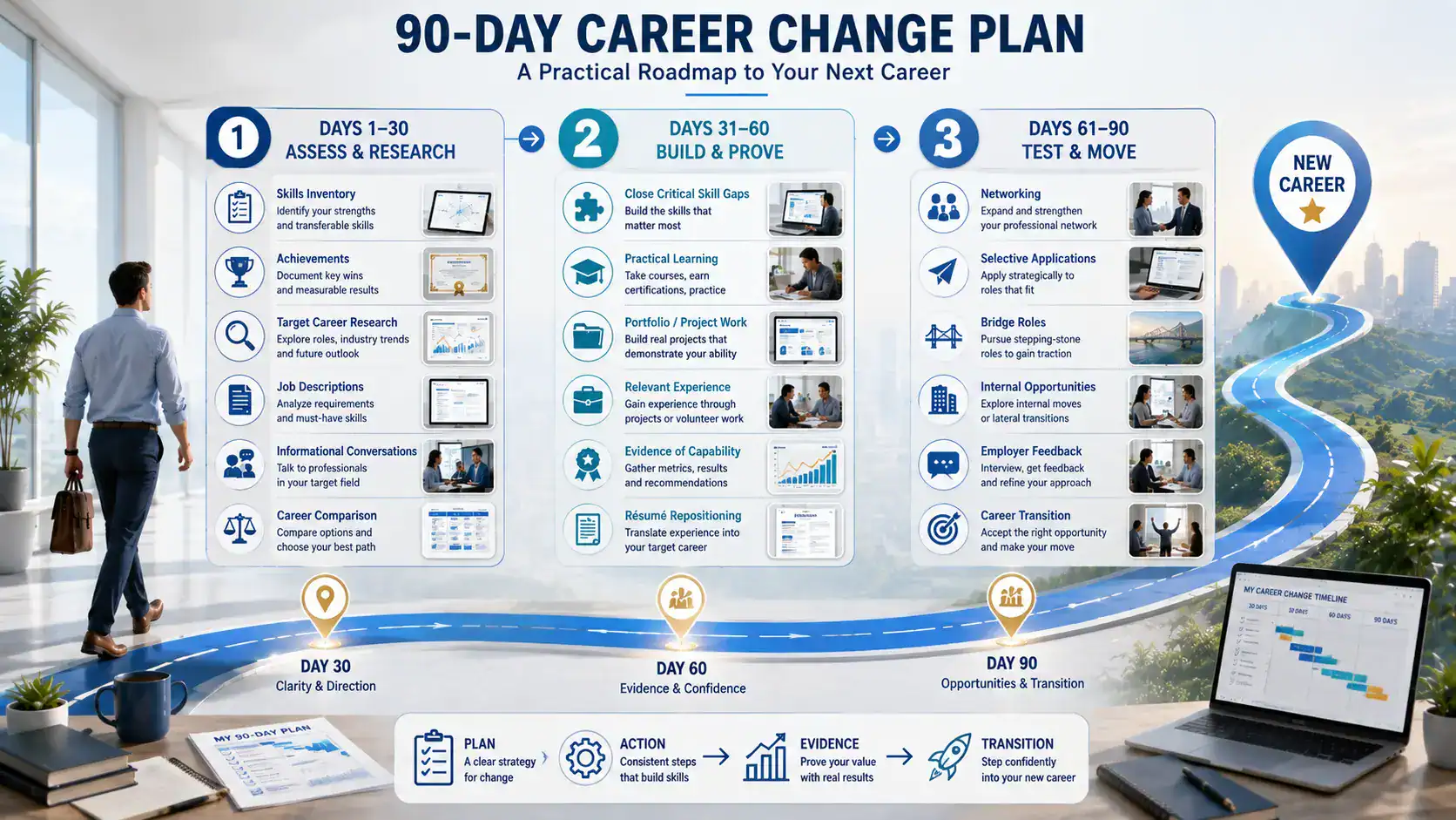 90-day career change plan showing assess, build and prove, and test and move stages
