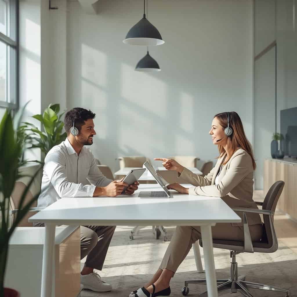 Contact Blueprint To Progress support specialist reviewing user messages in modern office
