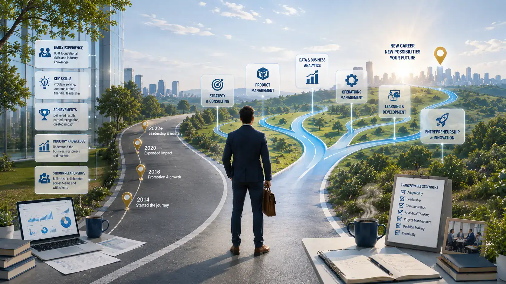 Career change roadmap showing a professional moving from an existing career toward new career paths