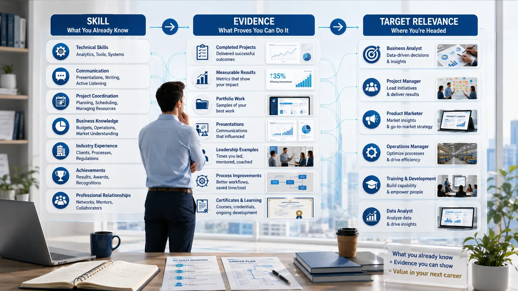 Transferable skills for career change showing skills, evidence and target career relevance