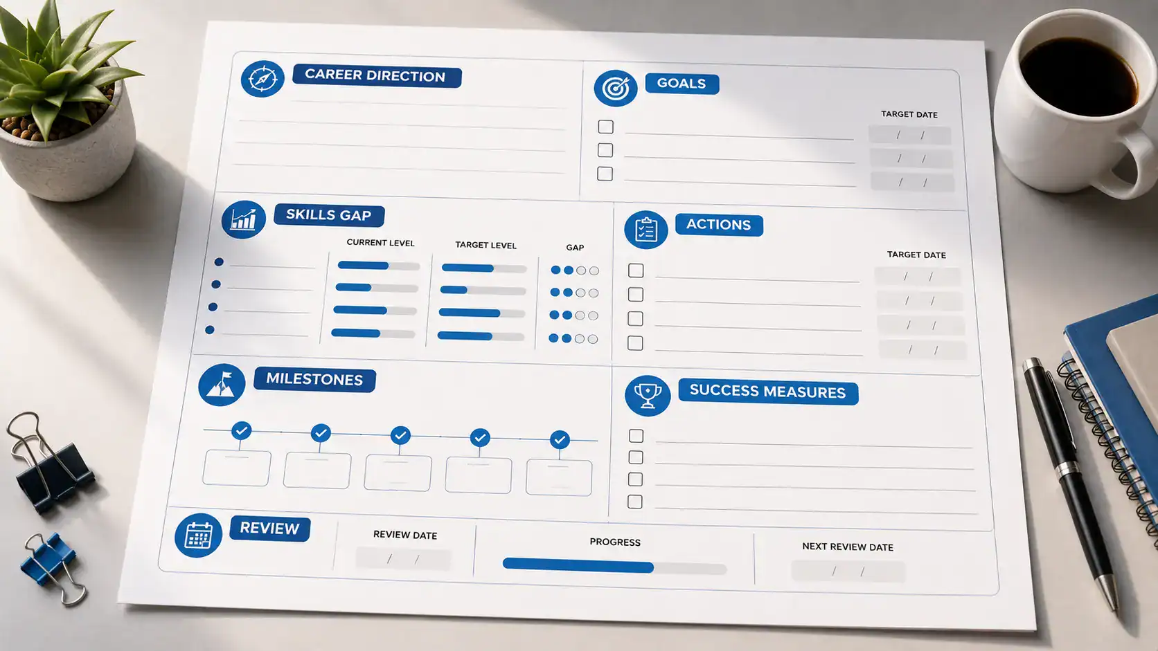 Career development plan template with goals, skill gaps, actions and review dates