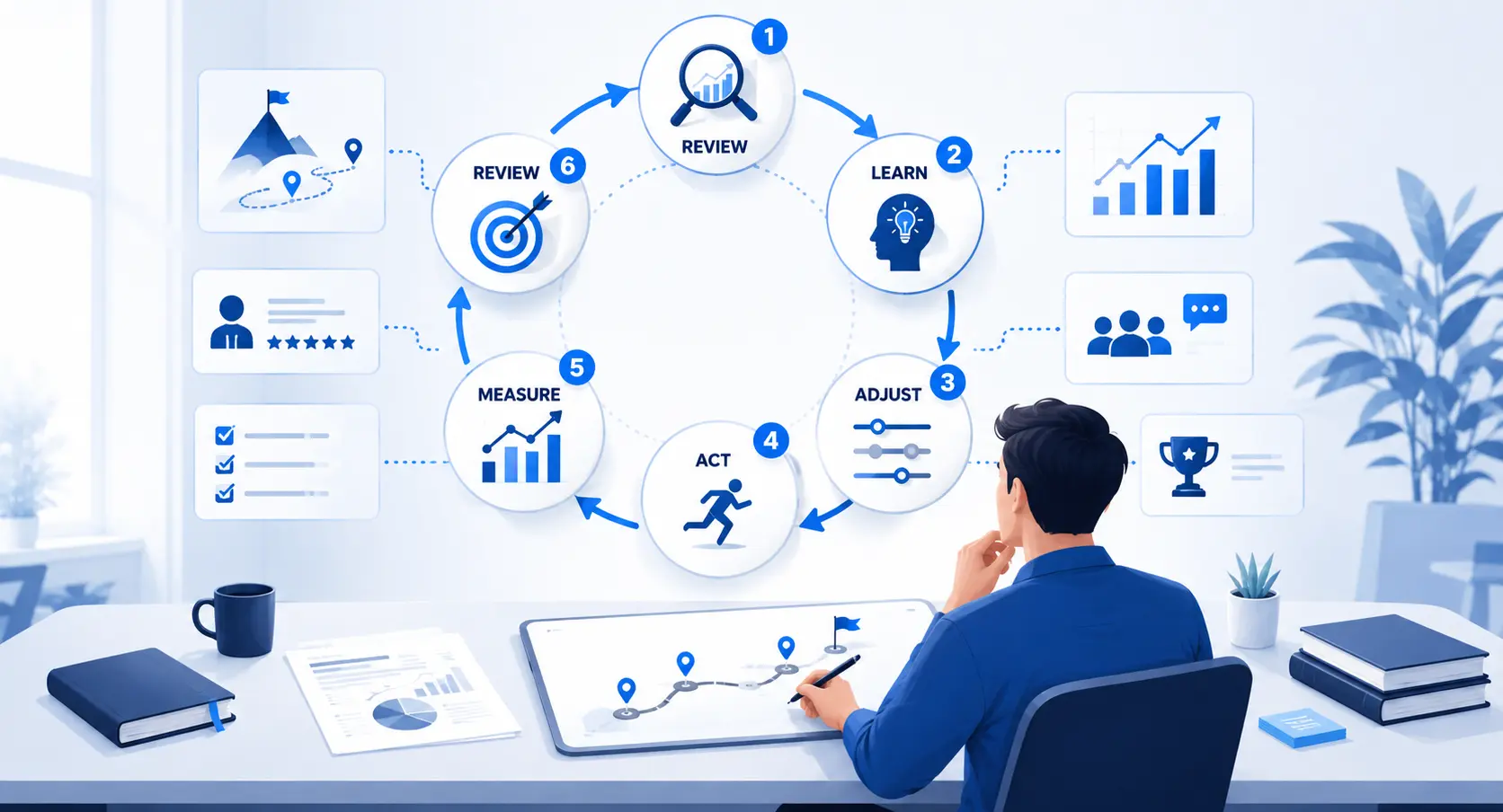 Career goal review cycle showing how professionals review, learn, adjust, act and measure progress