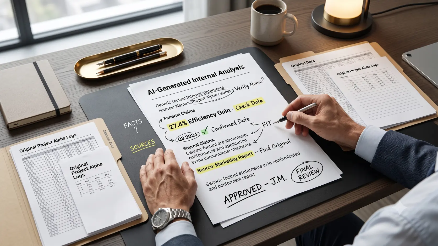 AI productivity quality control with a professional verifying AI-generated workplace information