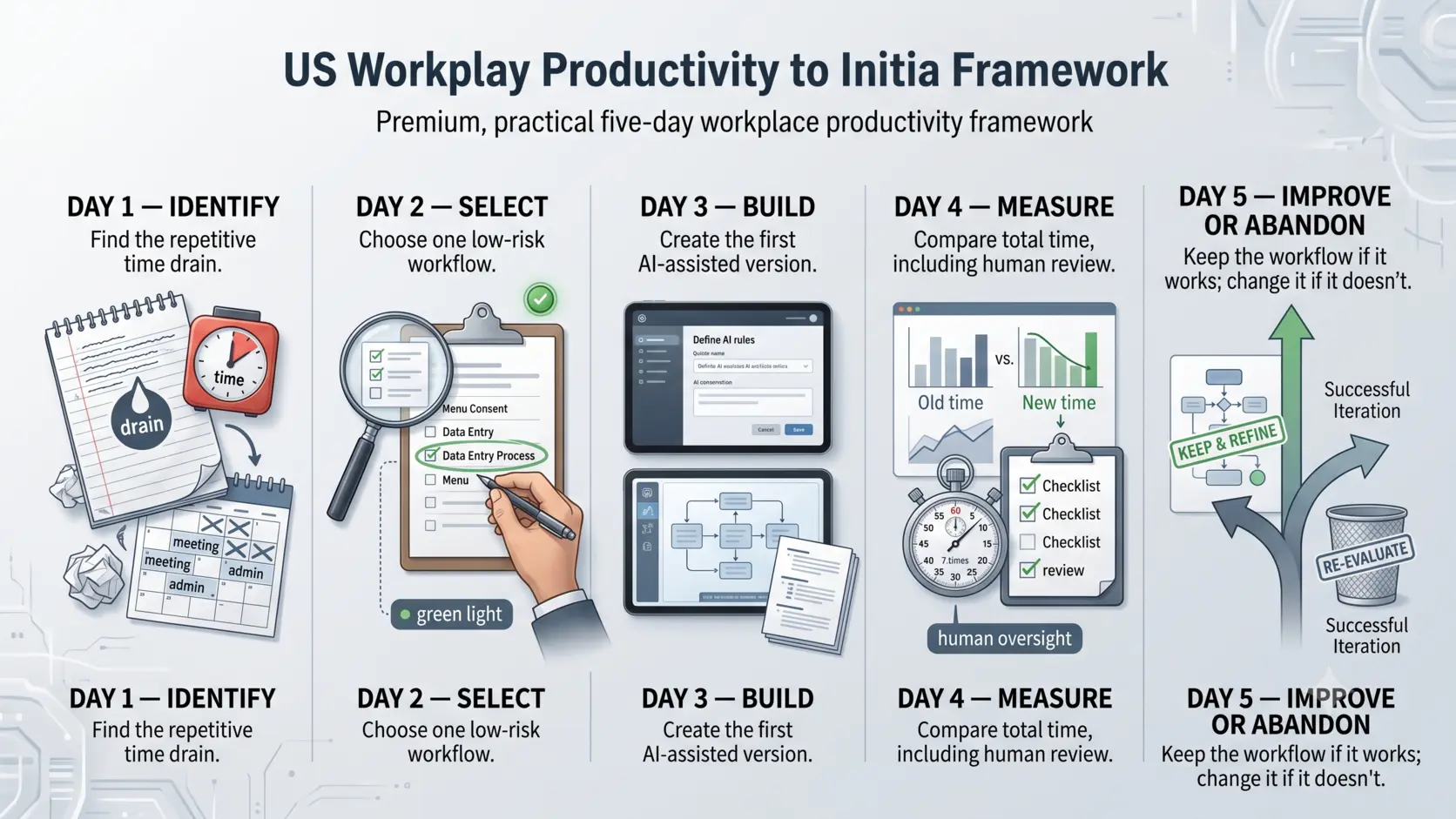 AI productivity system for improving workplace workflows through testing, measurement, review, and refinement