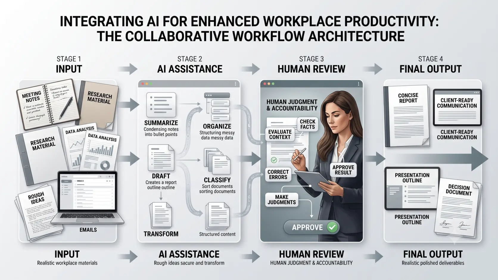 AI productivity workflow showing workplace inputs, AI assistance, human review, and final quality-controlled output