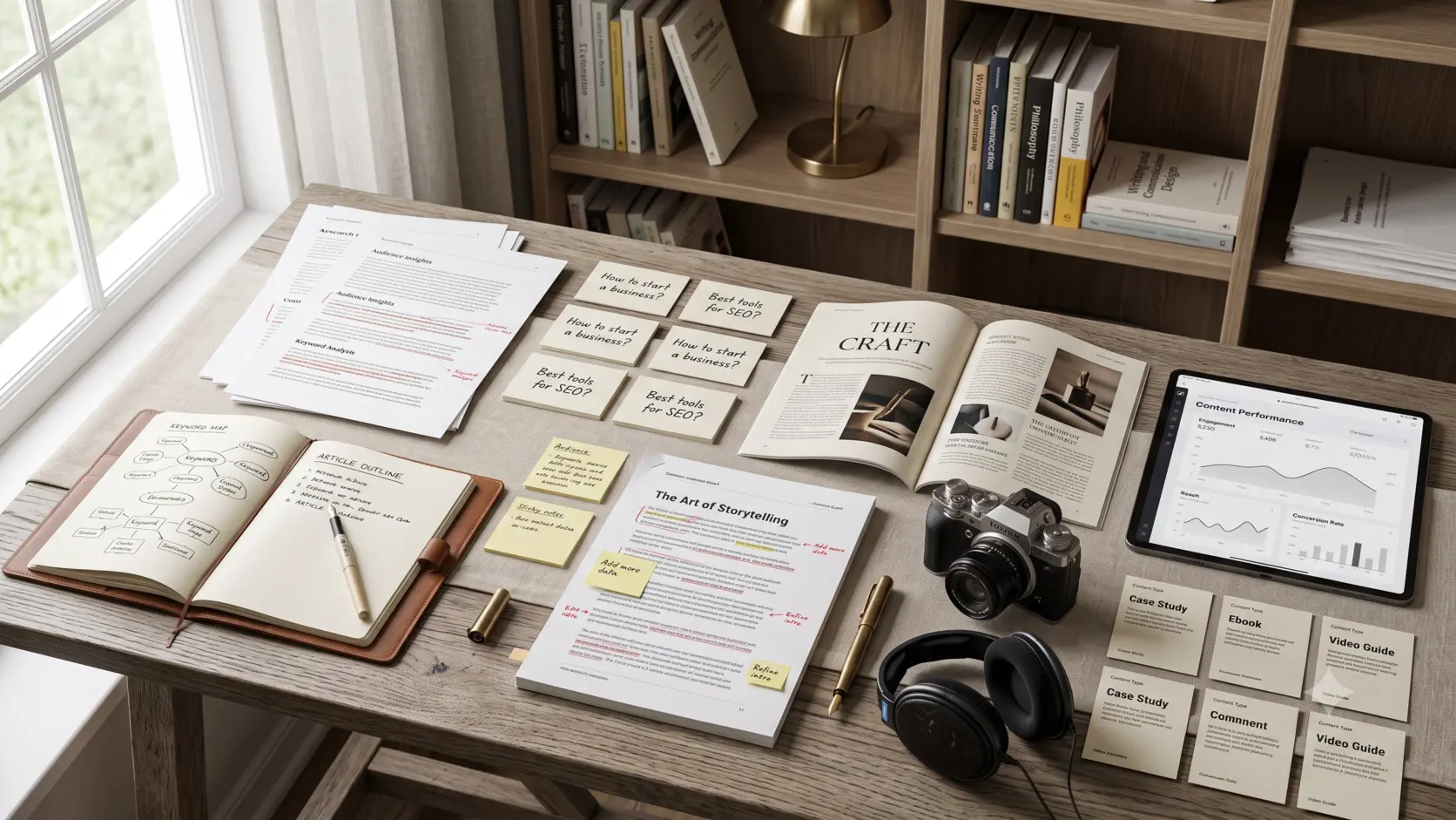 Editorial content creation represented through research, writing and useful information