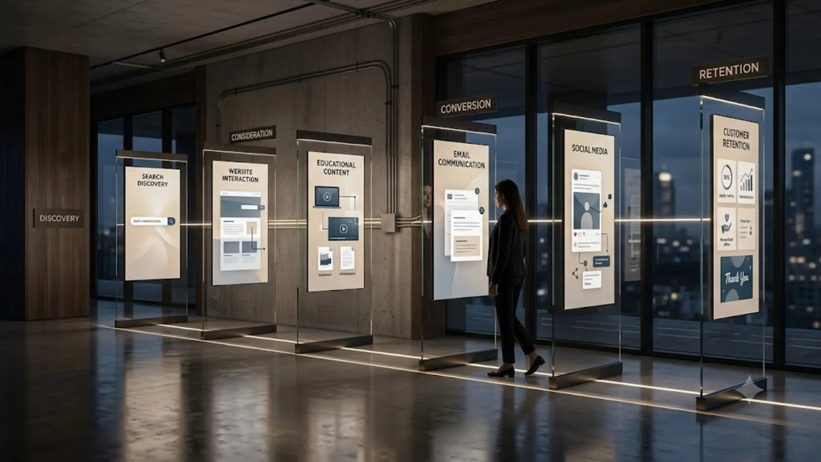 Digital marketing customer journey connecting search, website, email, social media and conversion