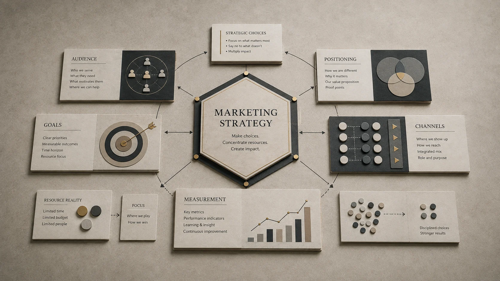 Visual framework showing audience, positioning, channels and measurement in marketing strategy