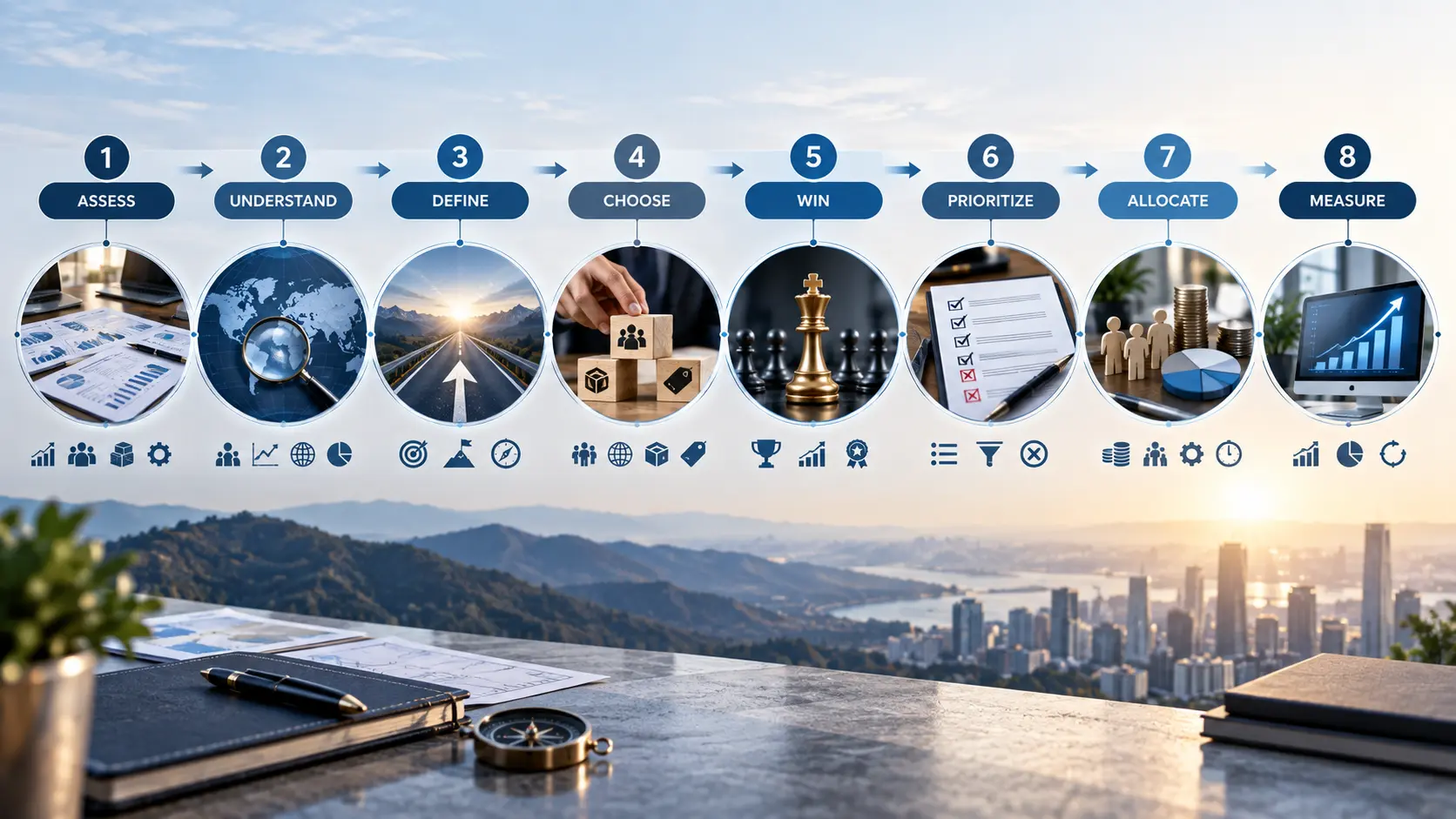 Business strategy process from market assessment to strategic choices and execution