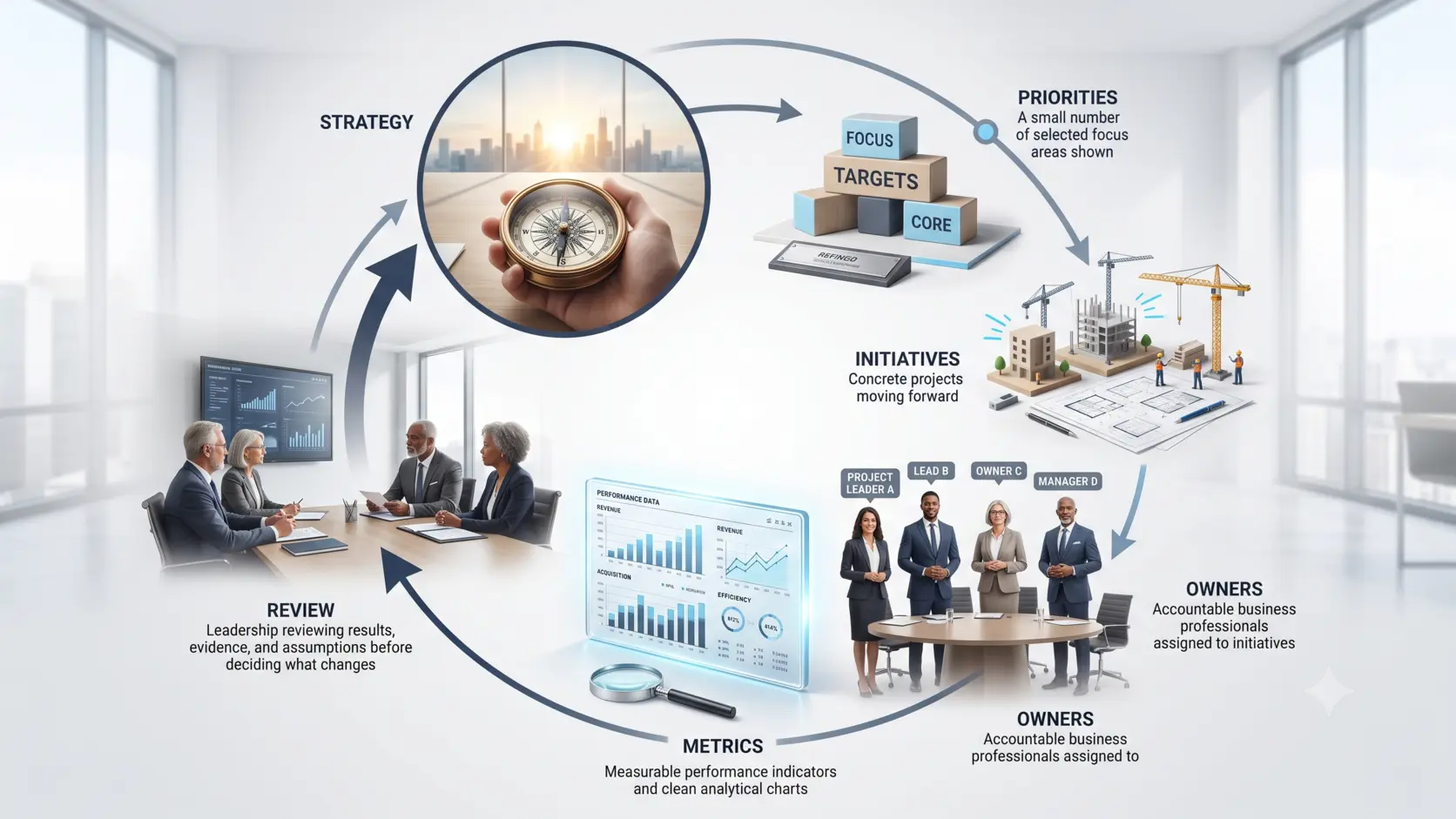 Business strategy execution cycle linking priorities, initiatives, metrics, and review
