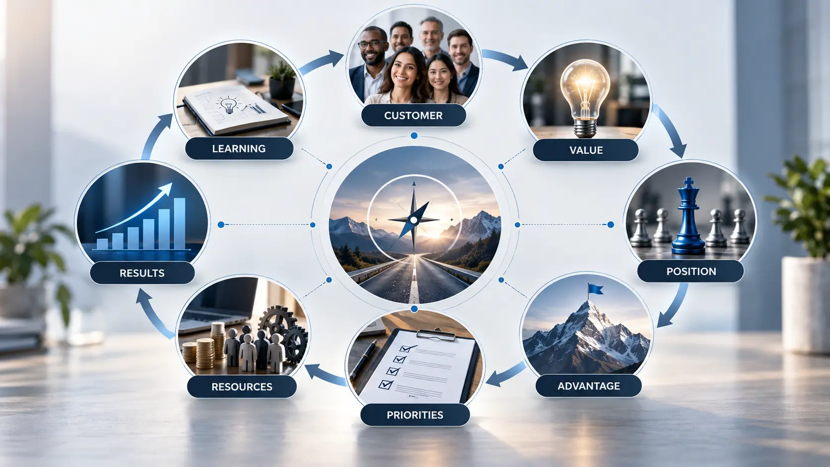 Business strategy framework connecting customers, value, competitive position, priorities, resources, and results
