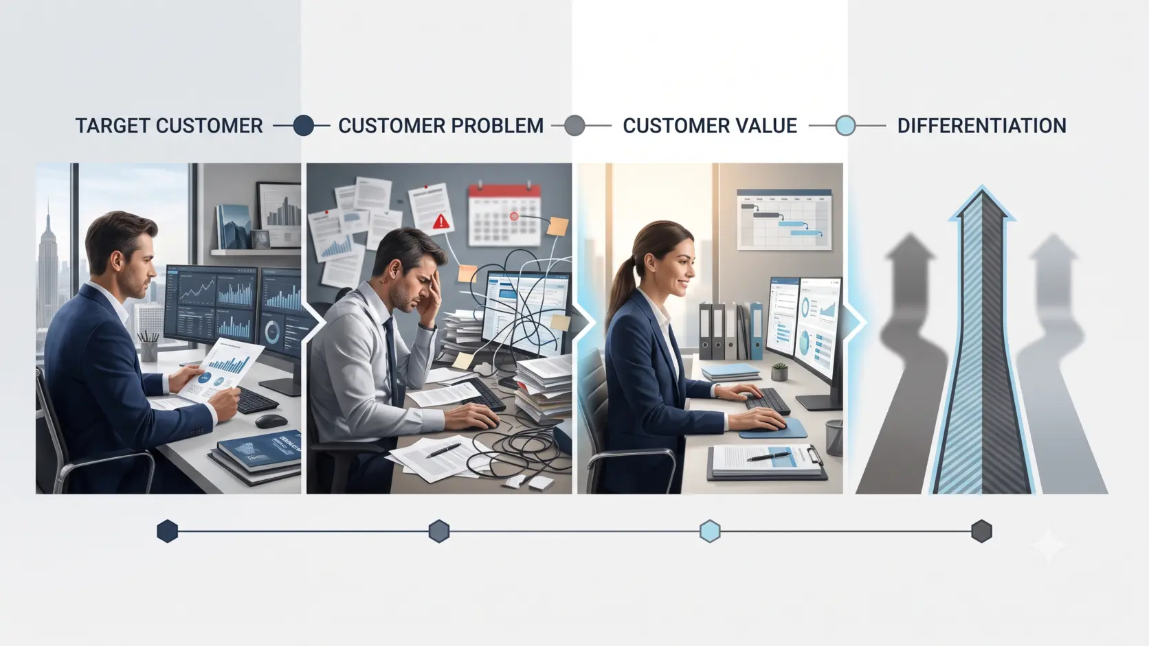 Business value proposition framework connecting target customer, customer problem, customer value, and differentiation