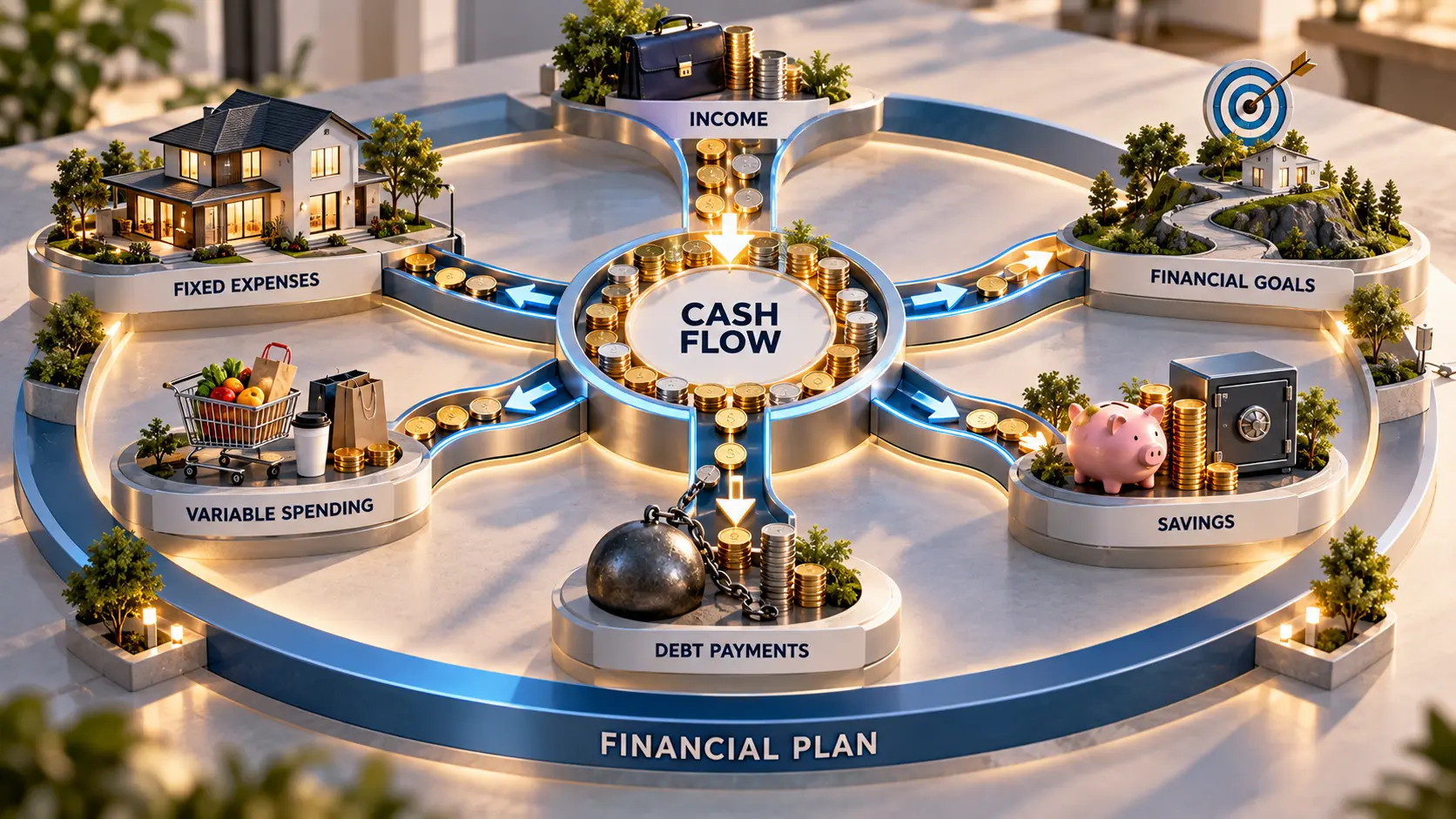 cash flow infographic connecting income spending savings debt and financial goals