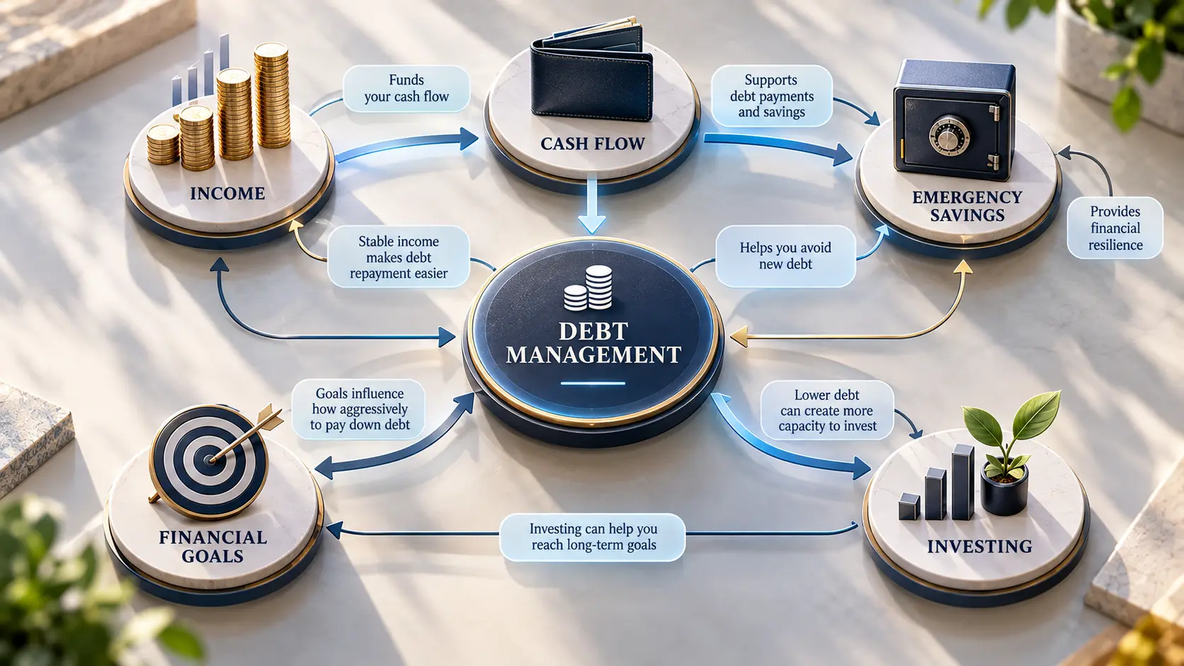 Debt management connected to cash flow emergency savings investing and financial goals