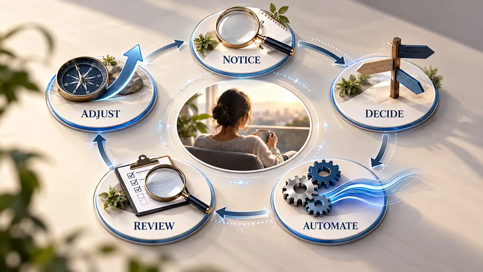 Five-step financial habits framework from noticing to adjusting