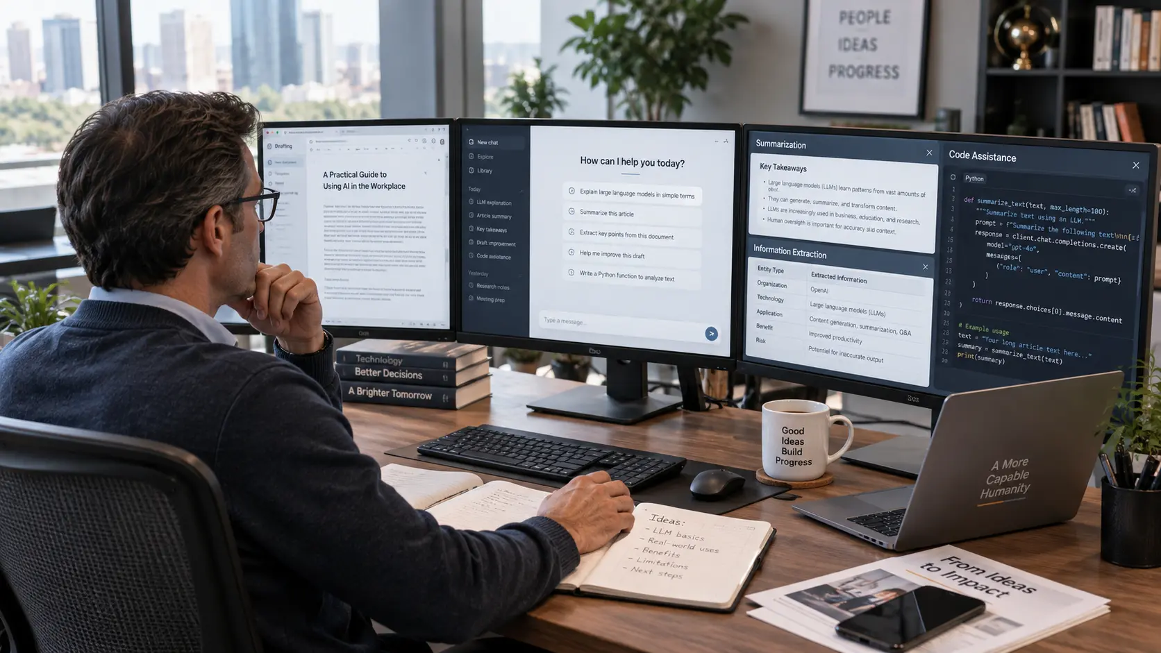 Professional using large language models to draft, summarize and analyze information at work