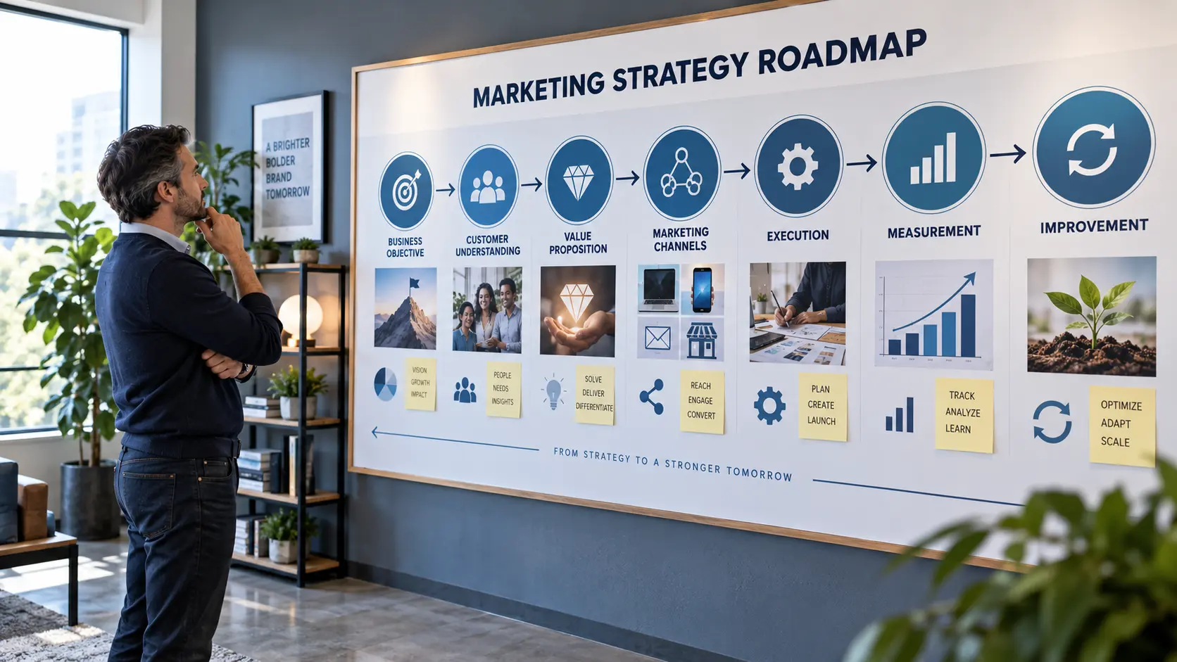 Small business owner developing a practical marketing strategy