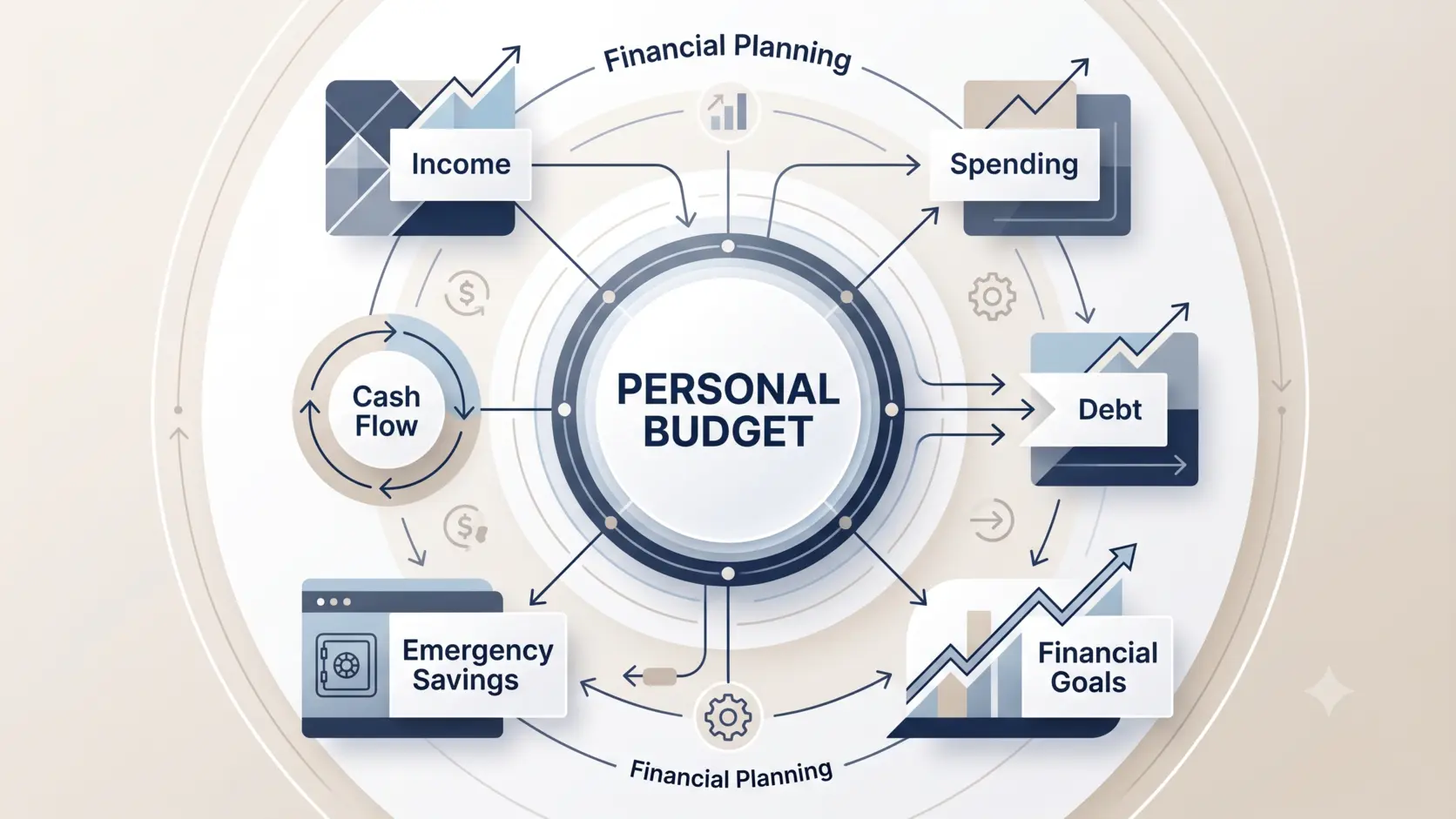 Personal budget connecting cash flow, debt, savings, financial goals, and financial planning
