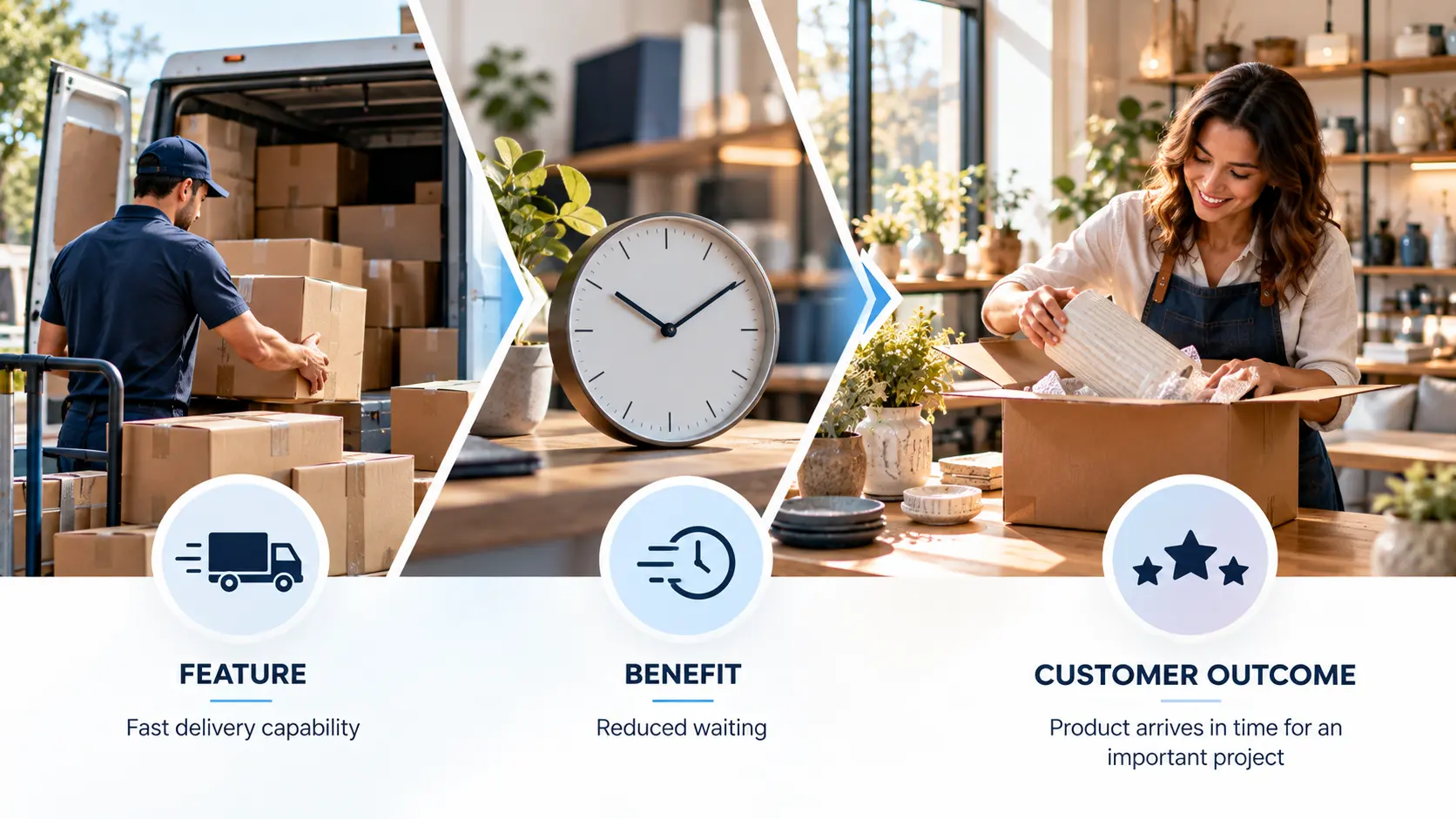 Infographic showing how product features become customer benefits and outcomes