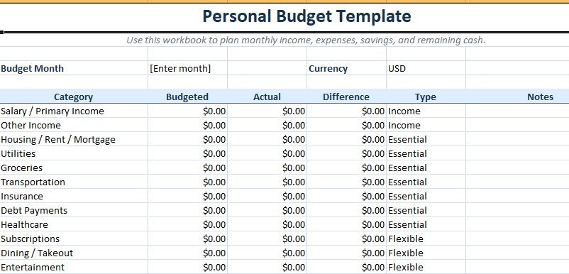 Personal Budget Template preview showing monthly income, expenses, savings, and budget-versus-actual tracking