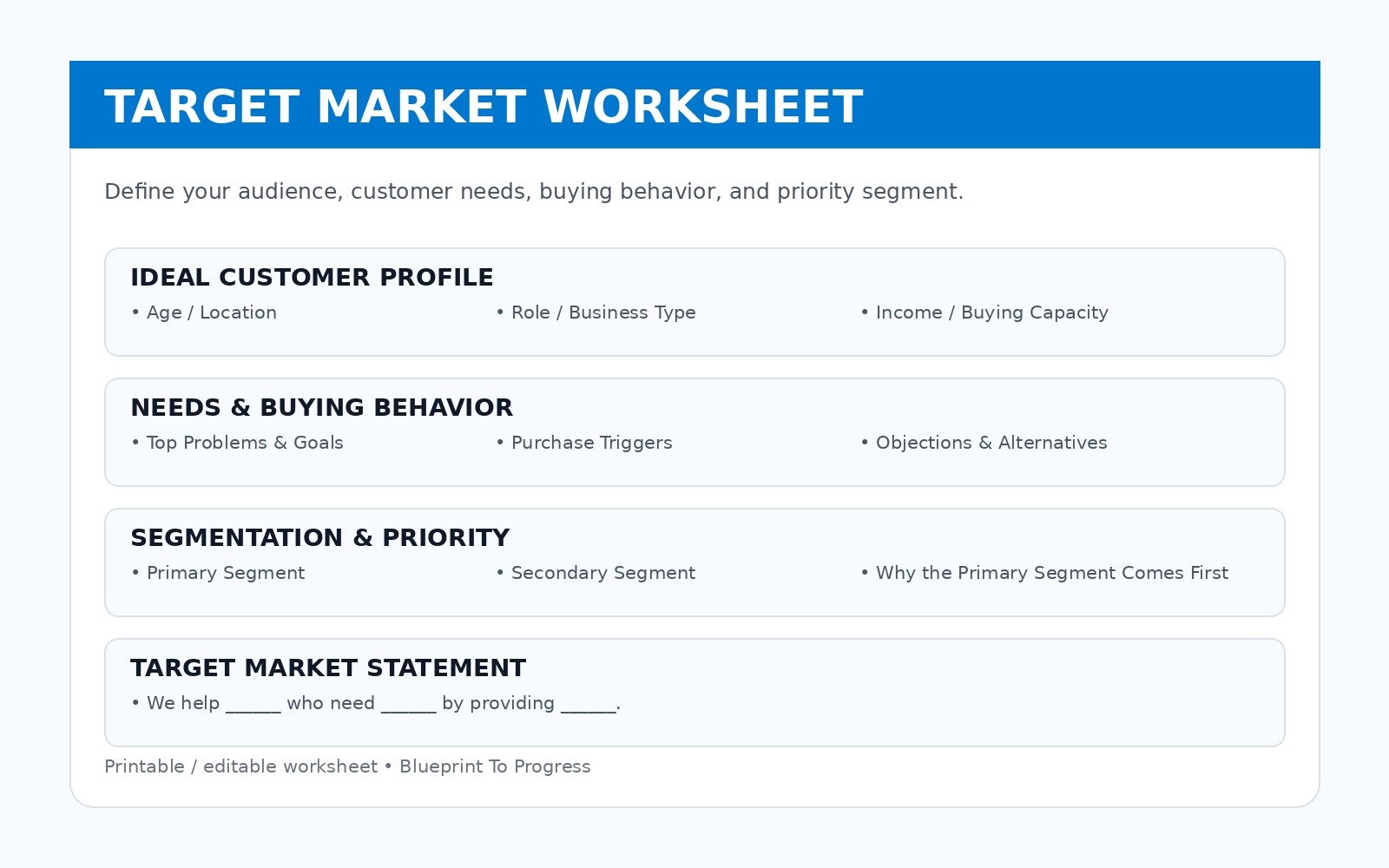 Target Market Worksheet preview showing customer profile, needs, buying behavior, segmentation, and target market statement sections